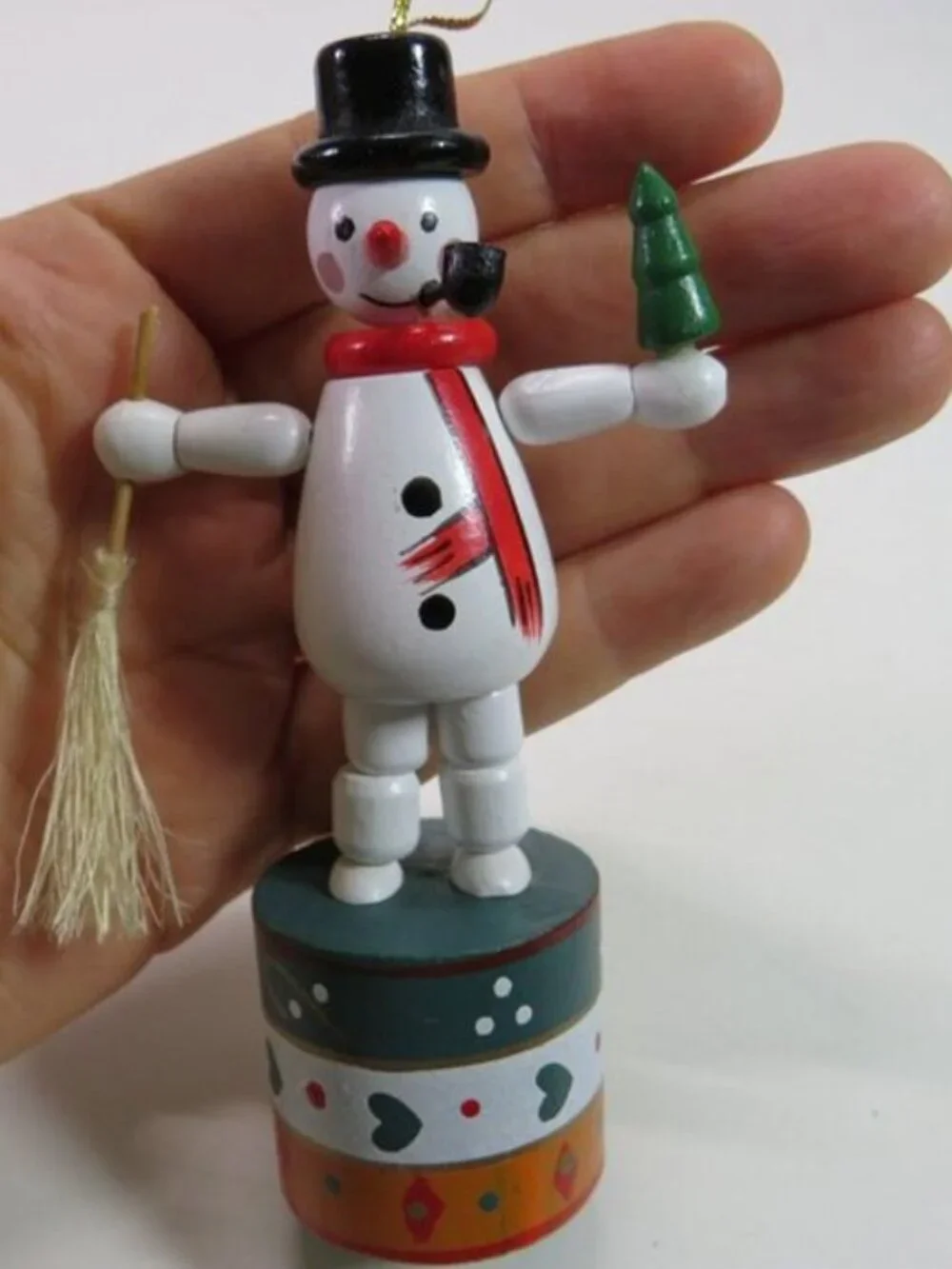 Vintage Wooden Collapsing Snowman Thumb Puppet Wakouwa Toy Christmas Ornament